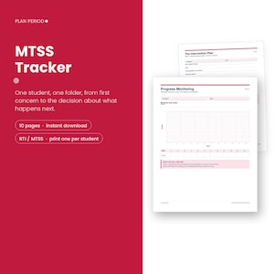 May include: A digital MTSS Tracker document set featuring a Progress Monitoring page with a grid chart and an Intervention Plan page. The text includes Plan Period, MTSS Tracker, One student, one folder, 10 pages, and RTI / MTSS on a red background.