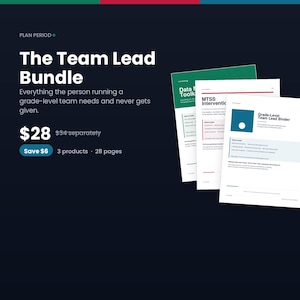 Könnte beinhalten: Ein digitales Produktbündel mit dem Titel The Team Lead Bundle, bestehend aus drei Dokumenten mit weißem Hintergrund und farbigen Akzenten. Die Seiten enthalten Textüberschriften wie Data Meeting Toolkit, MTSS Interventions und Grade-Level Team Lead Binder.