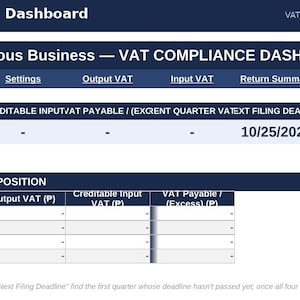 May include: A digital VAT Compliance Dashboard spreadsheet interface with a dark blue header labeled Unanimous Business. It features navigation tabs for Instructions, Settings, Output VAT, Input VAT, Return Summary, and Calendar, with a table showing a filing deadline of 10/25/2026.