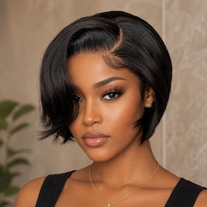 100% Human Hair Pixie Cut Wig – Glueless Side Part Natural Black Bob
