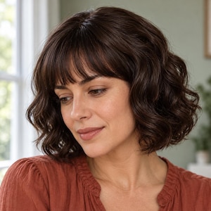 May include: A dark brown wig featuring a shoulder-length, wavy hairstyle with soft, textured layers and straight-cut bangs that frame the forehead. The hair has a natural-looking finish with subtle volume and gentle, loose waves throughout.