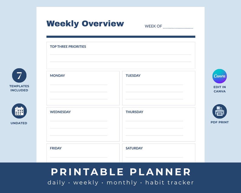 Weekly Planner | Undated Weekly Schedule Habit Tracker Daily Page ...