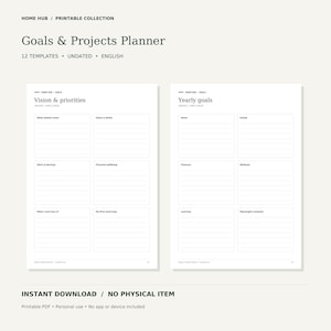 Peut inclure: Une collection imprimable de planificateur d'objectifs et de projets comprenant 12 modèles non datés en anglais. Le document présente deux pages blanches avec du texte noir, incluant des sections pour Vision & priorities et Yearly goals.