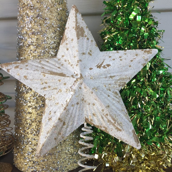 Distressed White & Gold Star Christmas Tree Topper / 8" Metal Star / Medium-Large  Tree / Christmas Tree Holiday Decor