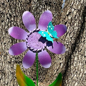 ExLarge DAISY Yard Stake 41" Tall - Purple Flower Garden Art - Hand Painted Metal Flower - Metal Yard Art