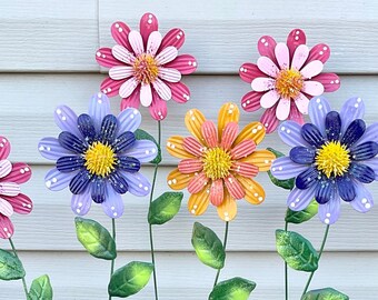 COLORFUL BLOSSOMS, 21" Flower Stakes, Multi-Color Flower Garden Stakes,Hand Painted Metal Flower Pot Stakes,Metal Yard & Garden Art