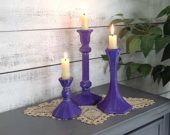 Painted Vintage Glass Candlesticks Set of 3 Purple Taper Holders - Eclectic Table Top Decor - Home & Living