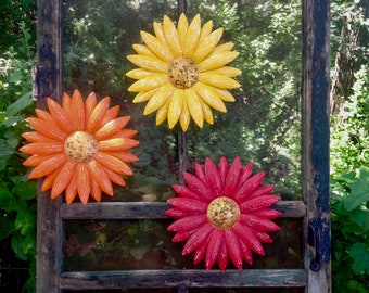 3 Metal Scatter Flowers - 12" Daisy 'Anna Grace' - Yellow Orange Red Metal Wall/Fence Art - Patio Barn Decor - Indoor Outdoor