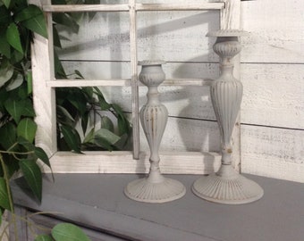 Pair Farmhouse Gray Candlesticks Heavy*Slender Metal Taper Candle Holders*Modern Shabby Chic Farmhouse Candle Holders *Home and Living