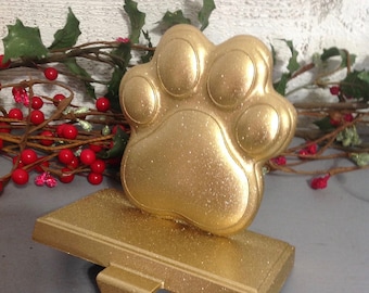 Gold Dog Paw Print Stocking Holder, Glistening Gold Metal Stocking Hanger, Pet Stocking Hanger, Animal Fur Baby Christmas Decor