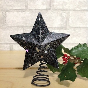 Mini Glittered Black Star Tree Topper 2.75&quot; W Metal Star / Table Top Christmas Tree Star / Mini Small Tree / Black Christmas Tree Decor