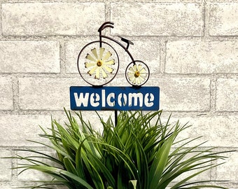 12" High Wheeler Bicycle Welcome Flower Pot Stake - Whimsical Metal Bicycle Pick