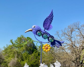 FLUTTERING Purple HUMMINGBIRD Flower Pot Stake / Colorful Garden Art/Metal Hummingbird Garden Stake/Metal Yard & Garden Art/Outdoor Garden