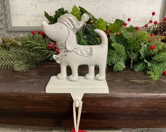 Glittery WHITE DOG Stocking Holder, Fur Child Christmas Stocking Hanger, Animal Stocking Hanger, White Mantel Stocking Holder, Christmas