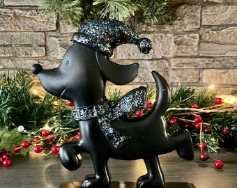 Glittery Black DOG Stocking Holder, Fur Child Christmas Stocking Hanger, Animal Stocking Hanger, Black Mantel Stocking Holder, Christmas