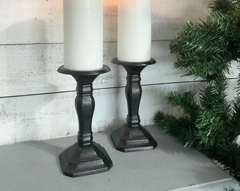 2 Shimmery Black Pillar/Taper Candle Holders / Heavy Black Table Top Candle Holders / Paris Apt Candlesticks