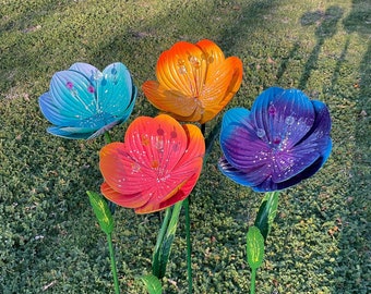 35" OVERSIZED POPPY Yard Stake - Multicolor Metal Flower Garden Stakes - Poppy Garden Art - Metal Yard Art - Gift for Mom