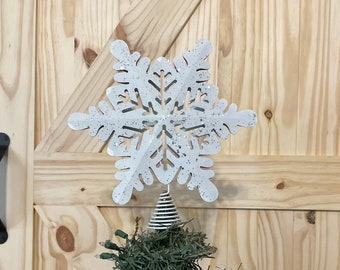 Glittery White Metal Snowflake Tree Topper 10", Medium/Large Tree, White Christmas Tree Decor