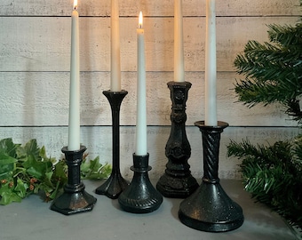 Set of 5 Glistening Black Taper Candle Holders * Christmas Black Eclectic Table Top Decor * Home & Living
