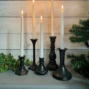 Set of 5 Glistening Black Taper Candle Holders * Glass Candlesticks * Black Eclectic Table Top Decor * Home & Living