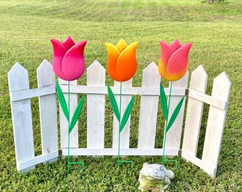 Set of 3 Metal TULIPS 23" Tall/Metal TULIPS/ Hand Painted Pink Yellow Orange Flower Pot Stakes/Metal Yard Art/Tulip Garden Art