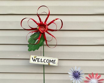 Metal Ribbon Flower Stake w/Welcome Sign - Red Flower Yard Stake - Red Garden Art - Metal Yard Art