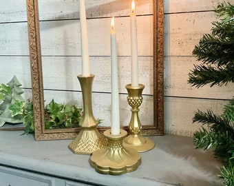 Shimmering Gold Ornate Candlestick Holders Set of 3 - Painted Vintage Glass Taper Holders - Christmas Table Top Decor - Home & Living