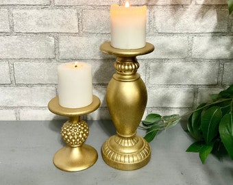 Bright Shimmering  Gold Pillar Candle Holders Set of 2 Baroque Ornate Raised Detailing * Christmas Table Top Decor * Home & Living