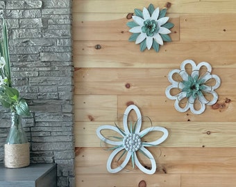 Farmhouse Flower Wall Decor Set of 3 - Wood & Metal Flower Wall Art - Indoor Home Decor