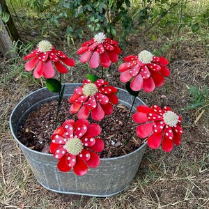 May include: A galvanized metal planter filled with soil and several red metal flowers. Each flower has white polka dots on the petals and a light green center. The flowers are in a garden setting.