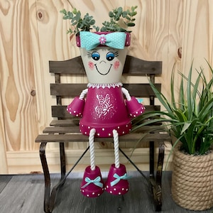 Clay Pot People Planter &#39;ROSEBUD POTTER&#39; / Large Pink Whimsy Flower Pot / Terra Cotta Pot / Fun Gardening Decor