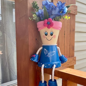 Clay Pot People Planter &#39;PETUNIA POTTER&#39; / Large Blue Whimsy Flower Pot / Terra Cotta Pot / Fun Gardening Decor