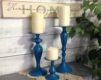 Set of 3 Pillar Candle Holders * Painted Brass Table Top Candle Holders * Cottage Shabby Chic Coastal Art Deco