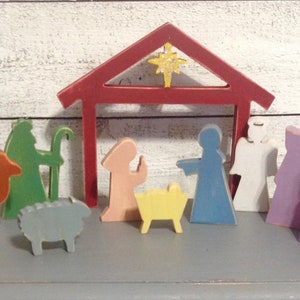 Children&#39;s Wooden Nativity Set 11 Pc Hand Painted - Kids Table Top Chunky Wood Nativity Play Set - Wood Manger Scene - Christmas