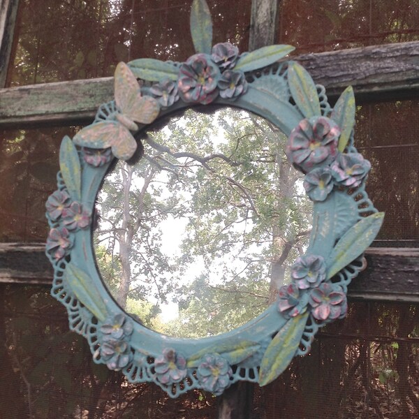Ornate Vintage Inspired Wall Mirror / Vintage Blue Round Mirror / Metal Wall Decor
