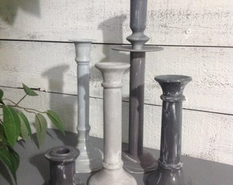 Slender Shades of Gray Candlestick Holders / Eclectic Set of 5 / Table Top Taper Holders / Gray Dining Table Decor / Home and Living