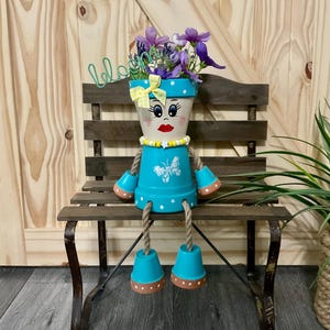 Clay Pot People Planter &#39;HOLLY POTTER&#39; with Plant Stake / Medium Blue Flower Pot / Terra Cotta Clay Pot People / Fun Gardening Decor