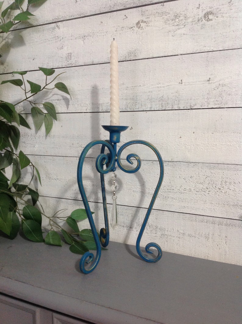 Scrolled Three Legged Candle Holder Teal Blue Taper Candle Etsy