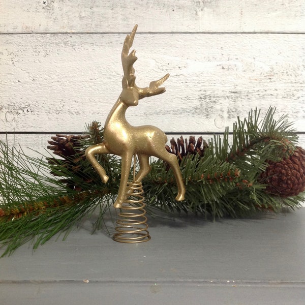 Small Gold Prancing Deer Tree Topper, Shimmery Full Body Buck Topper, Small or Little Christmas Tree, Metallic Gold Deer Christmas Decor