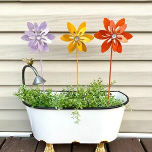 3 Glittery Star Flowers 17” Tall Metal Stakes - Set of 3 Spinning Flower Pot Stakes - Metal Yard Art
