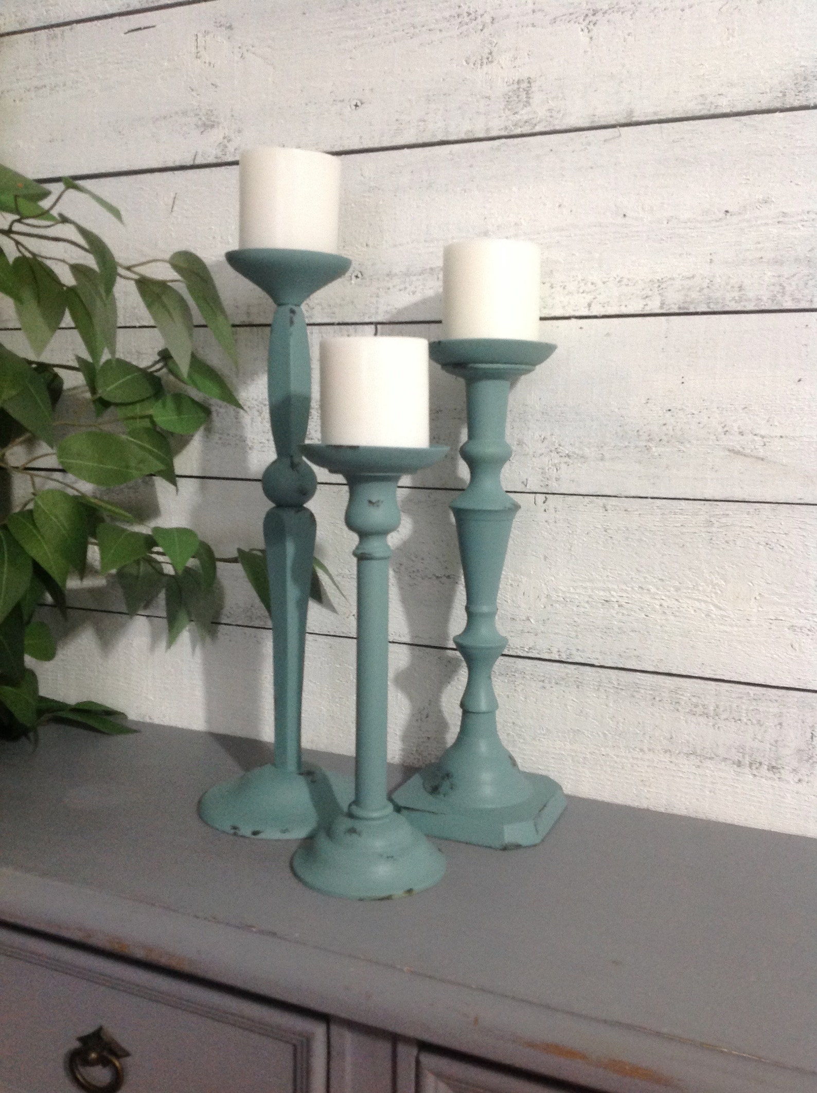 Tall Sage Green Pillar Candle Holders Set of 3 / Table Top Etsy