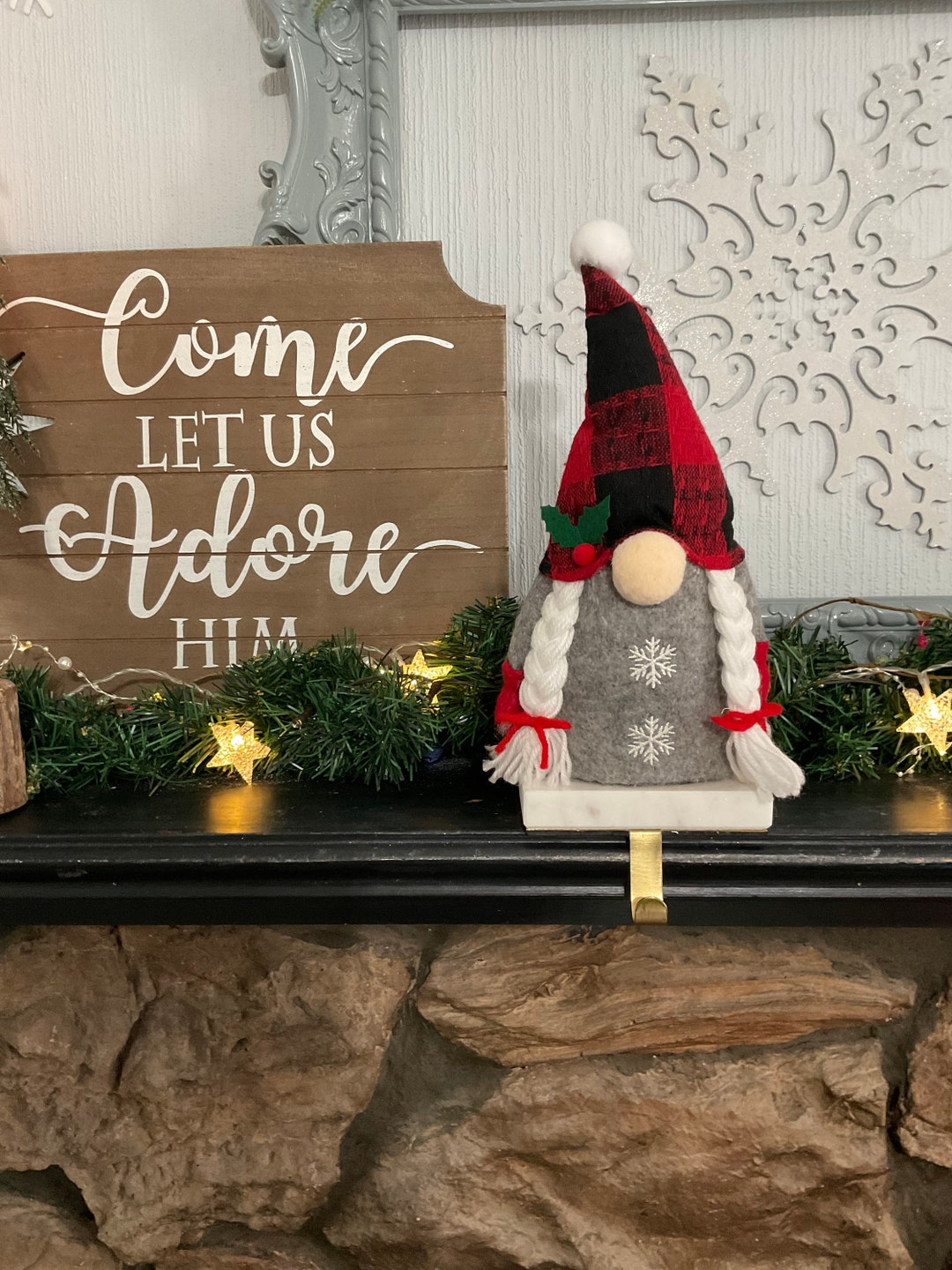 12 Buffalo Check Gnome With Braids Stocking Holder on a Heavy Marble