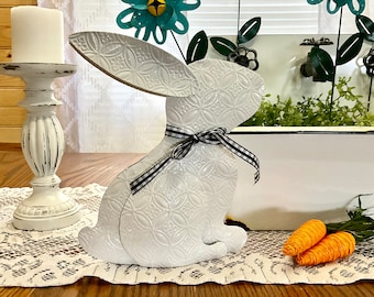 Metal EASTER BUNNY Table Top Decor / White Easter Rabbit Centerpiece