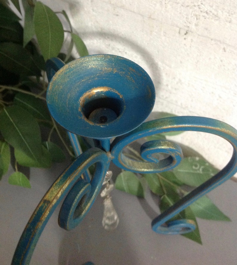 Scrolled Three Legged Candle Holder Teal Blue Taper Candle Etsy