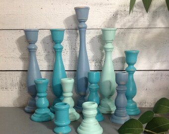 Beach Blues Turned Wood Candlesticks 11 Pc Taper Candle Holders* Turquoise Blue Mint*Beach Cottage Chic Candleholders*Table Top