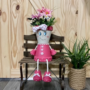 Hand-Painted Clay Pot Person Planter: Pink Whimsy Flower Pot - &quot;Poppy Potter&quot;