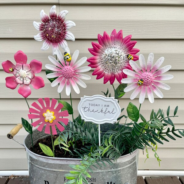 TICKLE ME PINK Set of 7 Metal Flower Stakes w/Sign-Pink & White Garden Art Flower Pot Stakes-Metal Yard Art-Gardening