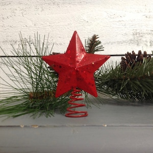 Mini Glittered Ruby Red Star Tree Topper 2.75&quot; w / Table Top Tree / Small Mini Little Red Christmas Tree Star / Christmas