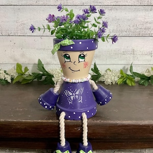 Hand-Painted Clay Pot Person Planter: &#39;Daizy Potter&#39; Purple Decor