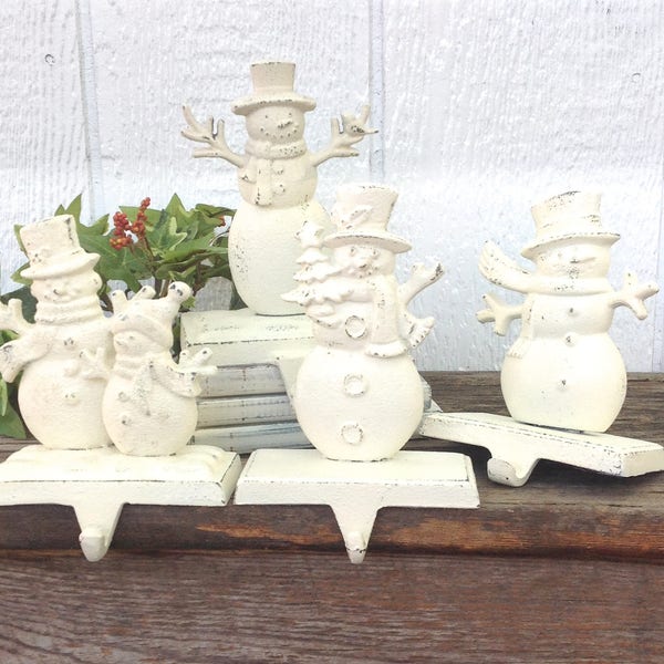 Shabby Chic Snowmen Stocking Hangers - Set of 4 - Cottage White -Stocking Holders - Christmas Decor